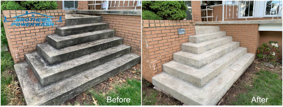 Before and after pictures of concrete steps that were power wased